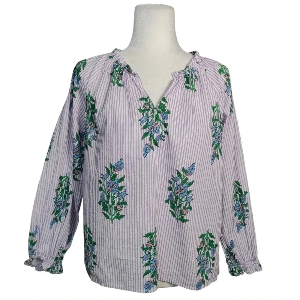 J.‎ Crew Striped Floral V-Neck Ruffle Blouse Purple White Coastal Boho Size S